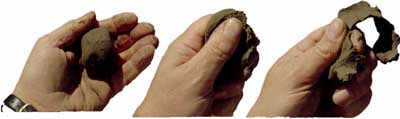 Three photos showing hands squeezing and rolling moist soil into a ribbon for texture testing.